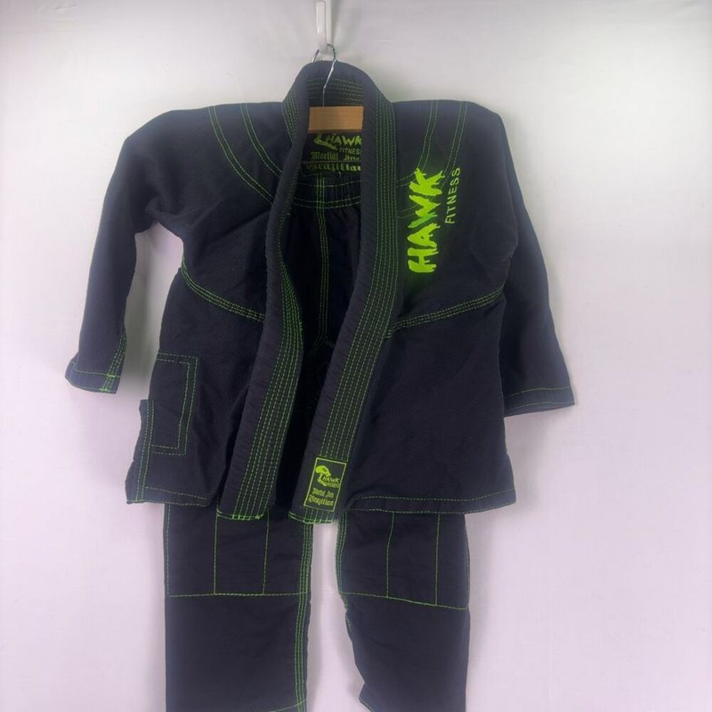 Unbranded Black Martial Arts Gi set Neon Green Stitching K0